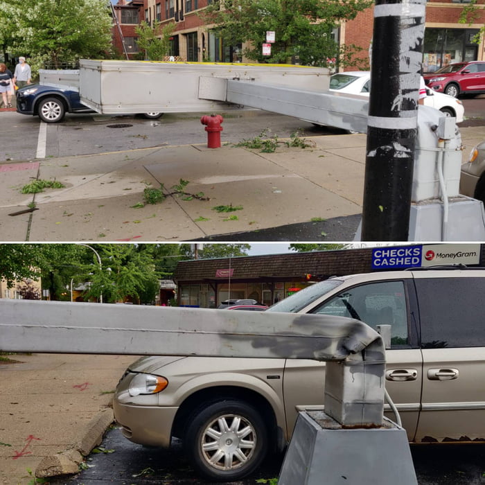 100mph winds came through Chicago and bent this sign into a right angle.