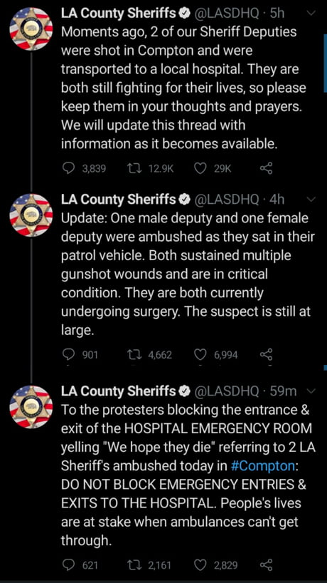A dude walked to police and shoot both police officers in the car and run away and protesters are trying to make sure both them are dead by harassing the hospital