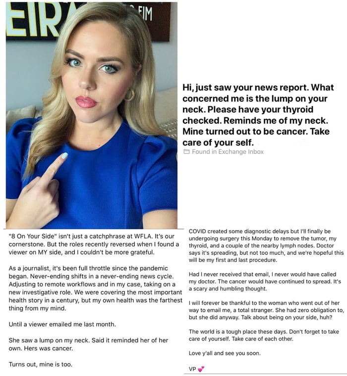 A Florida news reporter diagnosed with cancer will forever be thankful to a total stranger who spotted a lump on her neck.