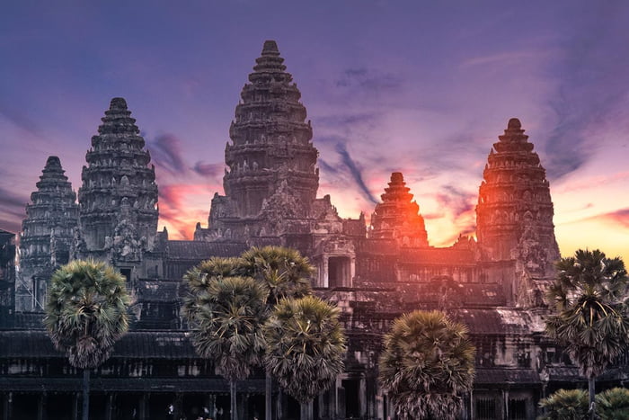Angkor Wat, "Capital of Temples". A temple complex in Cambodia and the largest religious monument on a site measuring 162.2 hectates. Originally a Hindu temple dedicated to the god Vishnu for the Khmer Empire