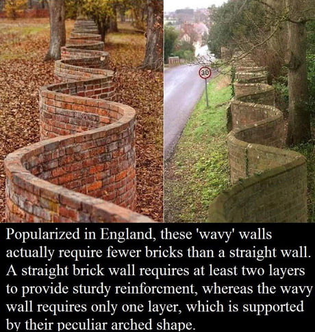 England's 'wavy' walls appear longer, but require fewer bricks, than a straight wall.