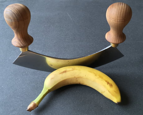 Found and restored my great-great-grandmother&rsquo;s mincing knife. Derusted, polished and gave it a new edge. Handles shaped after the original ones, oiled ash wood. Wanted to keep forging marks and some evidence of its age visible. Banana for scale