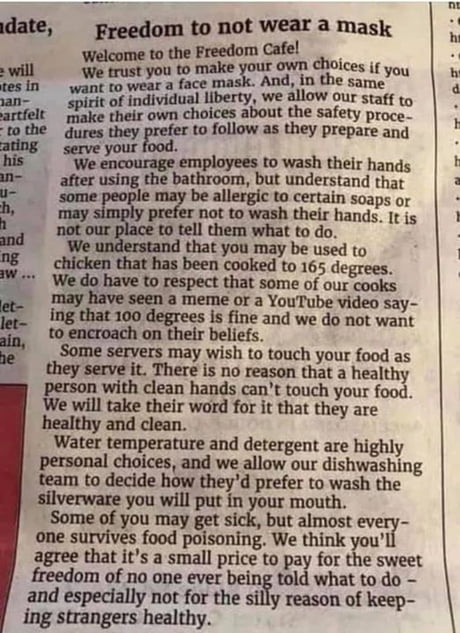 Freedom to not wear a mask...