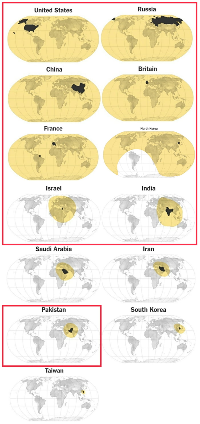 Range of missiles of different countries (shown in yellow). Countries with nuclear capabilities are shown with a red square.