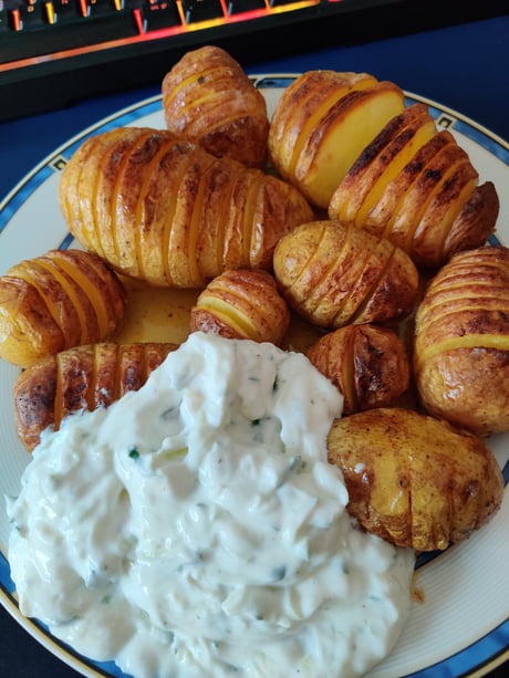 Sometimes simple is best. Potatos roasted with butter and olive oil with garlic/cucumber sour cream