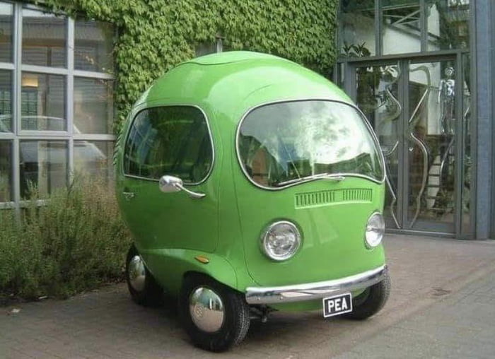 The Pea Car. Built solely to appear in a commercial for Birds Eye, the engine is from a Honda Motorcycle, the headlamps are from a Volkswagen Beetle and the indicators are from a Lancia.