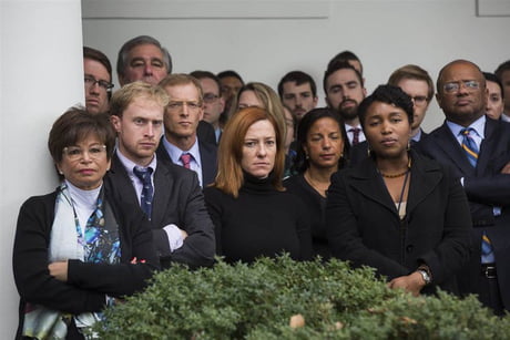 The Whitehouse staff watching as President Barack Obama welcomed Donald Trump as the new president