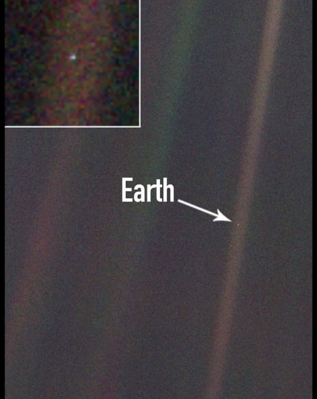 This little dot is earth about 6 billion kilometers away (3.7 billion miles) taken by Voyager 1, as it was leaving our solar system. Voyager distance: now roughly 22.3 billion kilometers or 13.9 billion miles. Launched: Mon. 05 Sept 1977 12:56:00 UTC